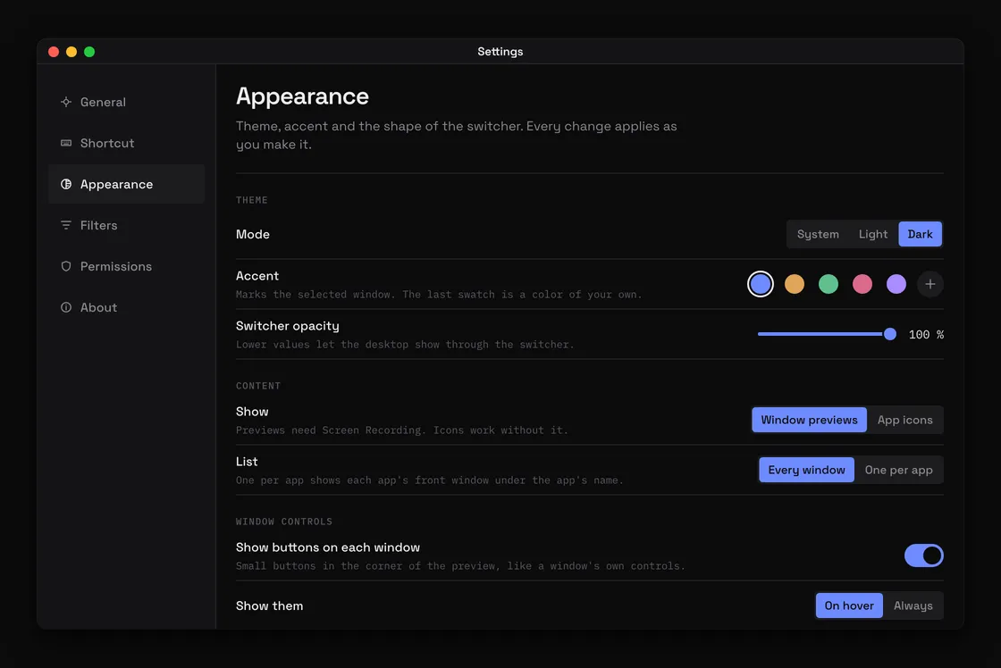 Appearance settings in Simplify my AltTab: theme, accent swatches, switcher opacity and window control options