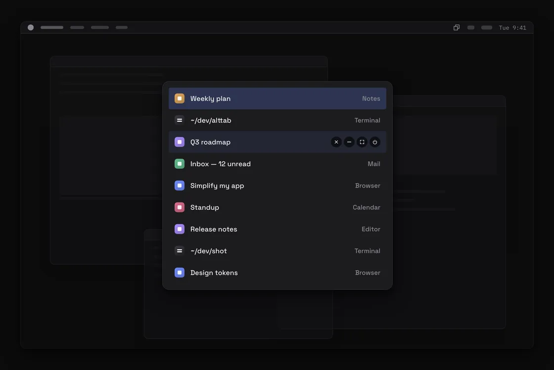 Simplify my AltTab in list mode, showing nine windows as rows with app icons and app names