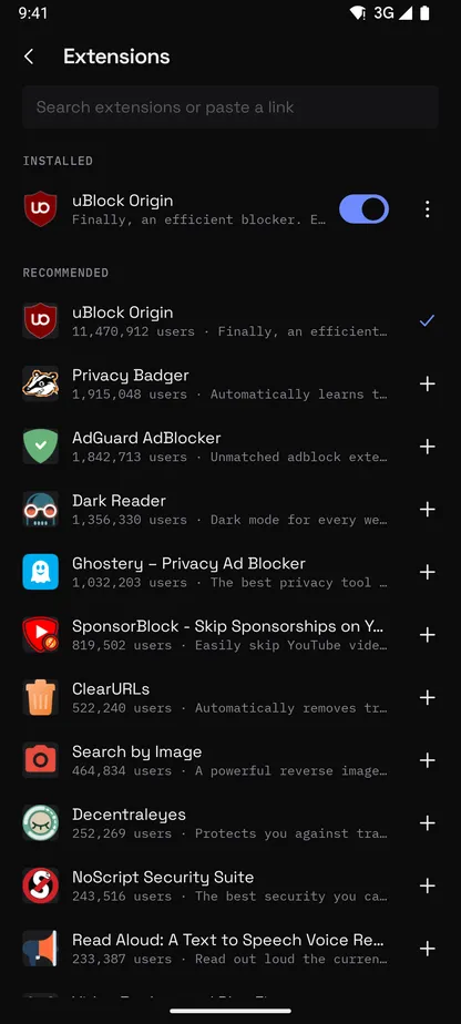 Browser for Android extensions screen with uBlock Origin installed and recommended add-ons from addons.mozilla.org