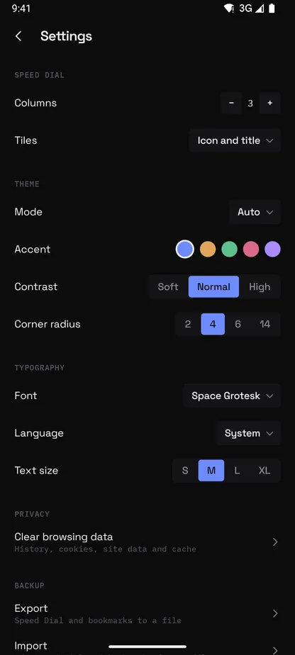 Browser for Android settings: Speed Dial columns and tiles, theme, accent, contrast, font and text size
