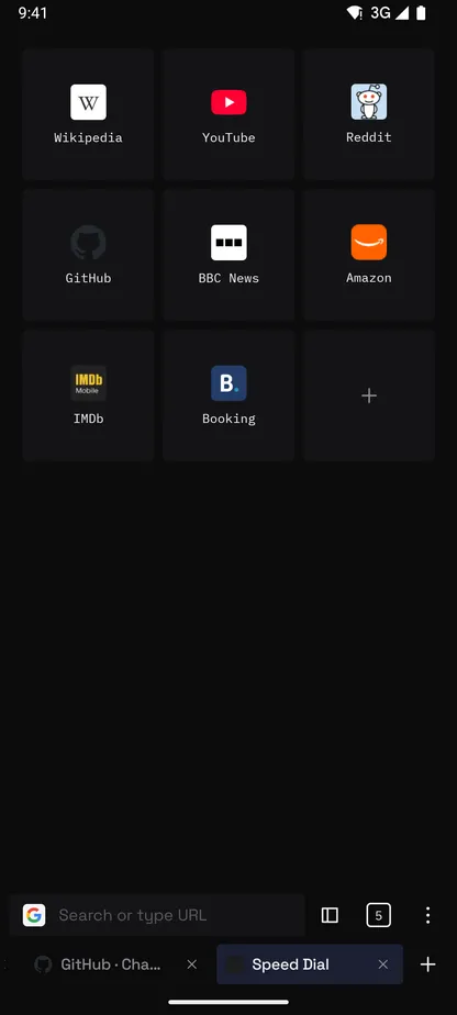 Browser for Android Speed Dial with tiles for Wikipedia, YouTube, Reddit, GitHub, BBC News, Amazon, IMDb and Booking