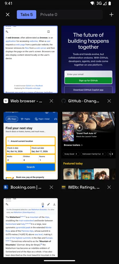 Browser for Android tab switcher with page previews