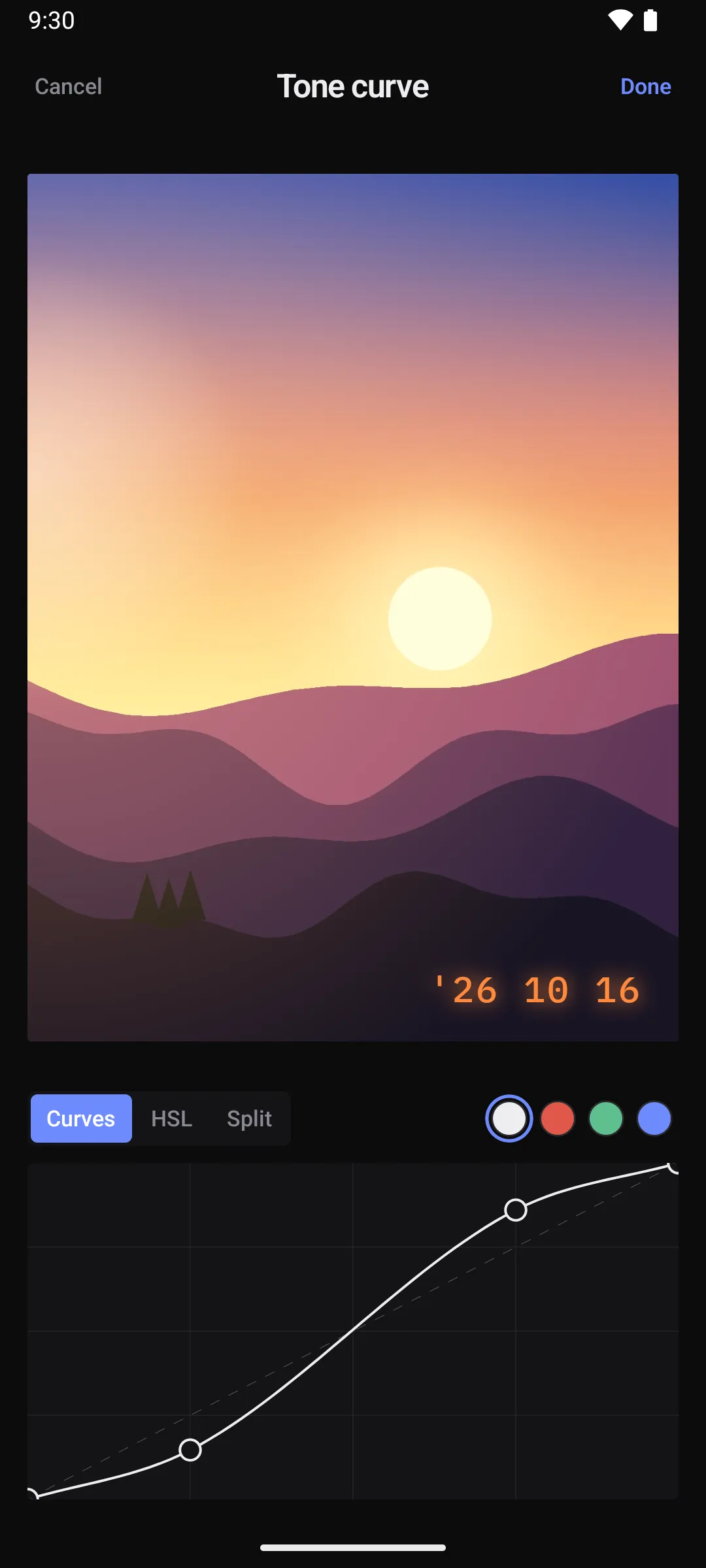 Tone curve editor in Simplify my Gallery with an S-curve adding contrast to a sunset photo