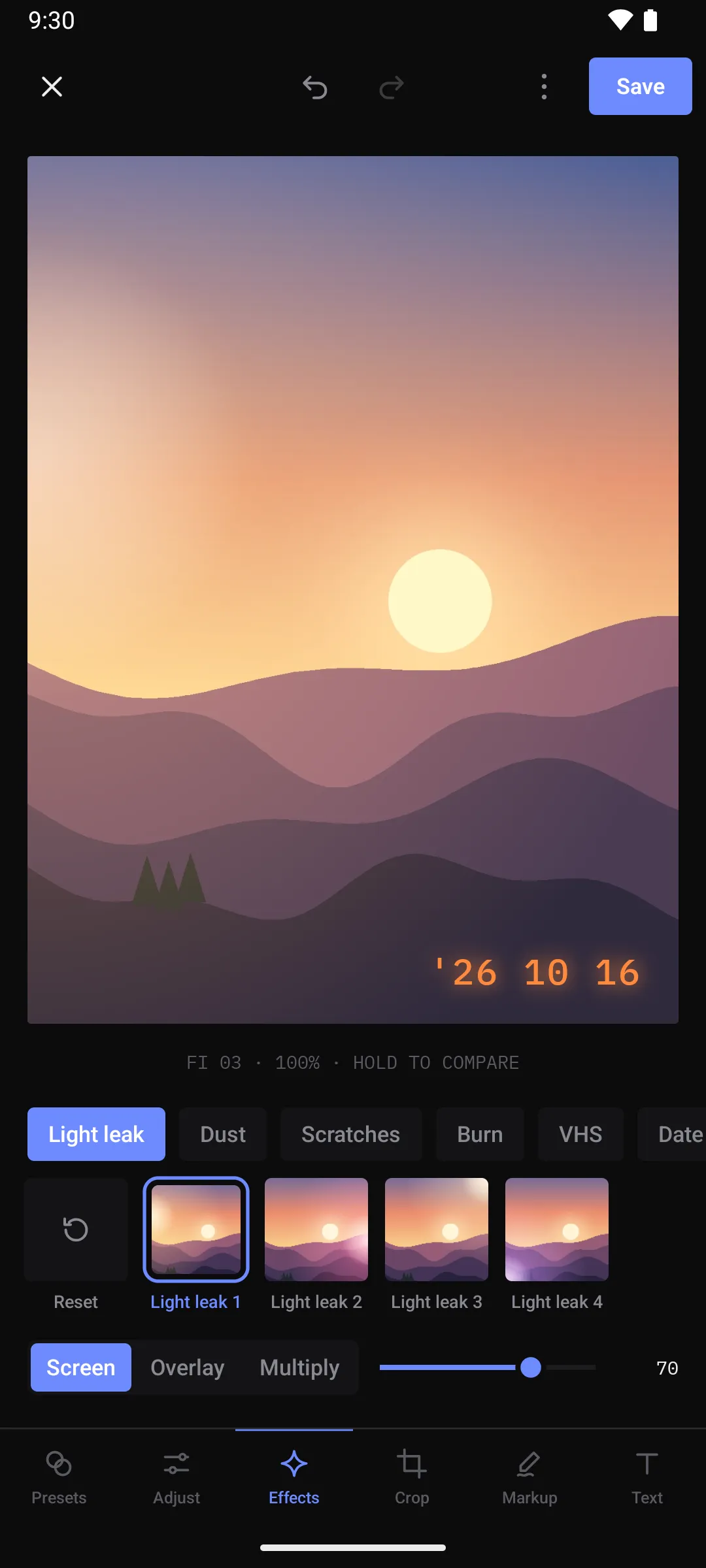 Effects tab in Simplify my Gallery showing a light leak and an orange date stamp on a sunset photo