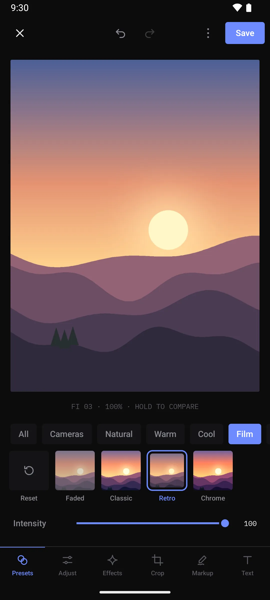 Simplify my Gallery photo editor on Android with the Film preset pack open and Retro applied to a sunset