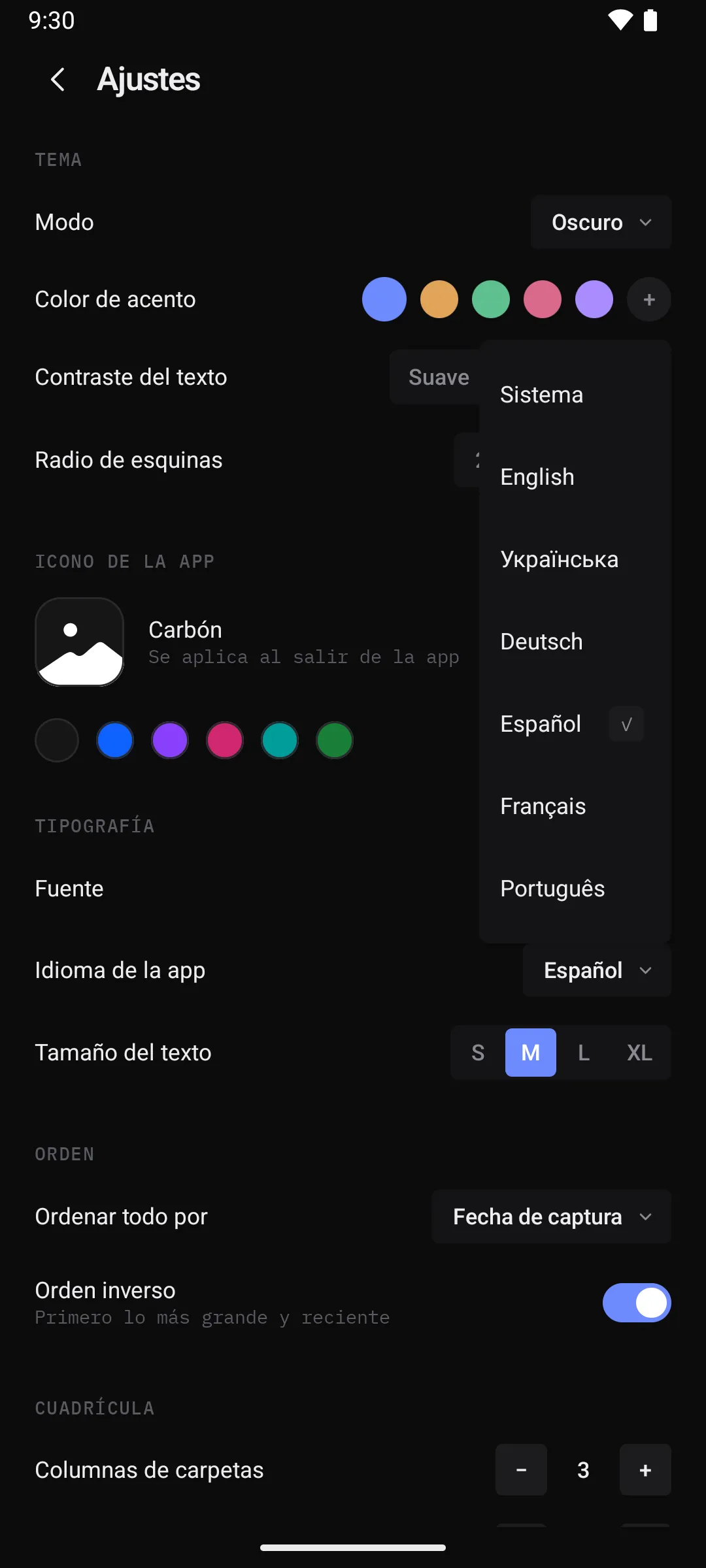 Simplify my Gallery settings in Spanish with the app language list open