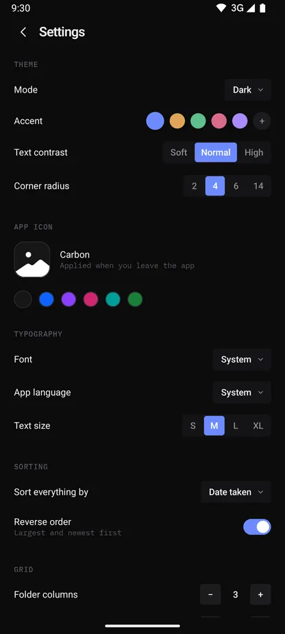 Gallery for Android theme, accent and layout settings