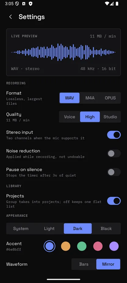 Recorder for Android recording quality settings