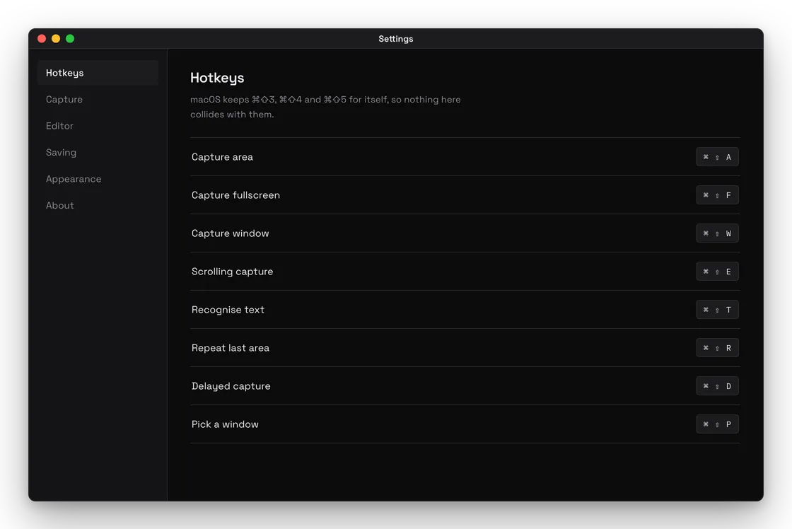 Hotkey settings in Simplify my Shot for macOS